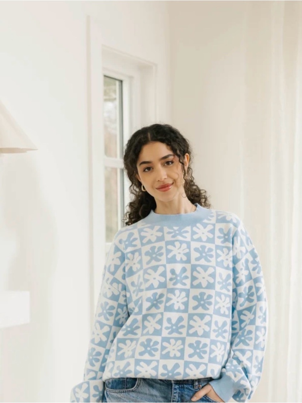 Smash Tess Light Blue Floral Check Knit Sweater